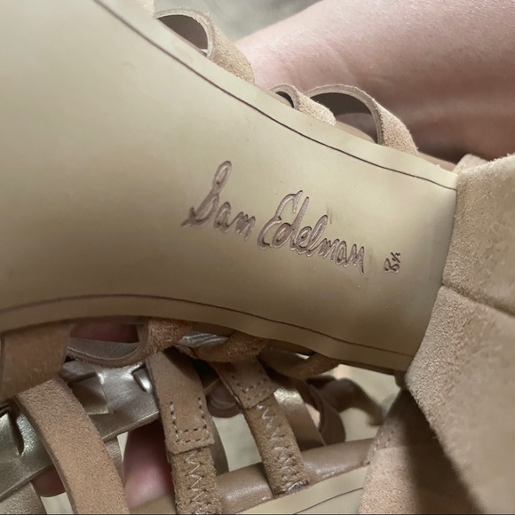 SAM EDELMAN | yarina caged strappy suede block heels, camel - Picture 8 of 9